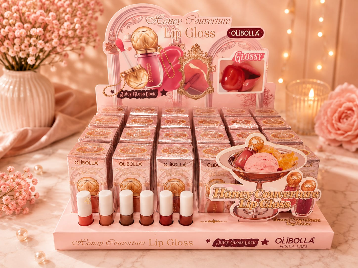 GLOSS DE MIEL, SABOR A HELADO-6COLORES-24PZ